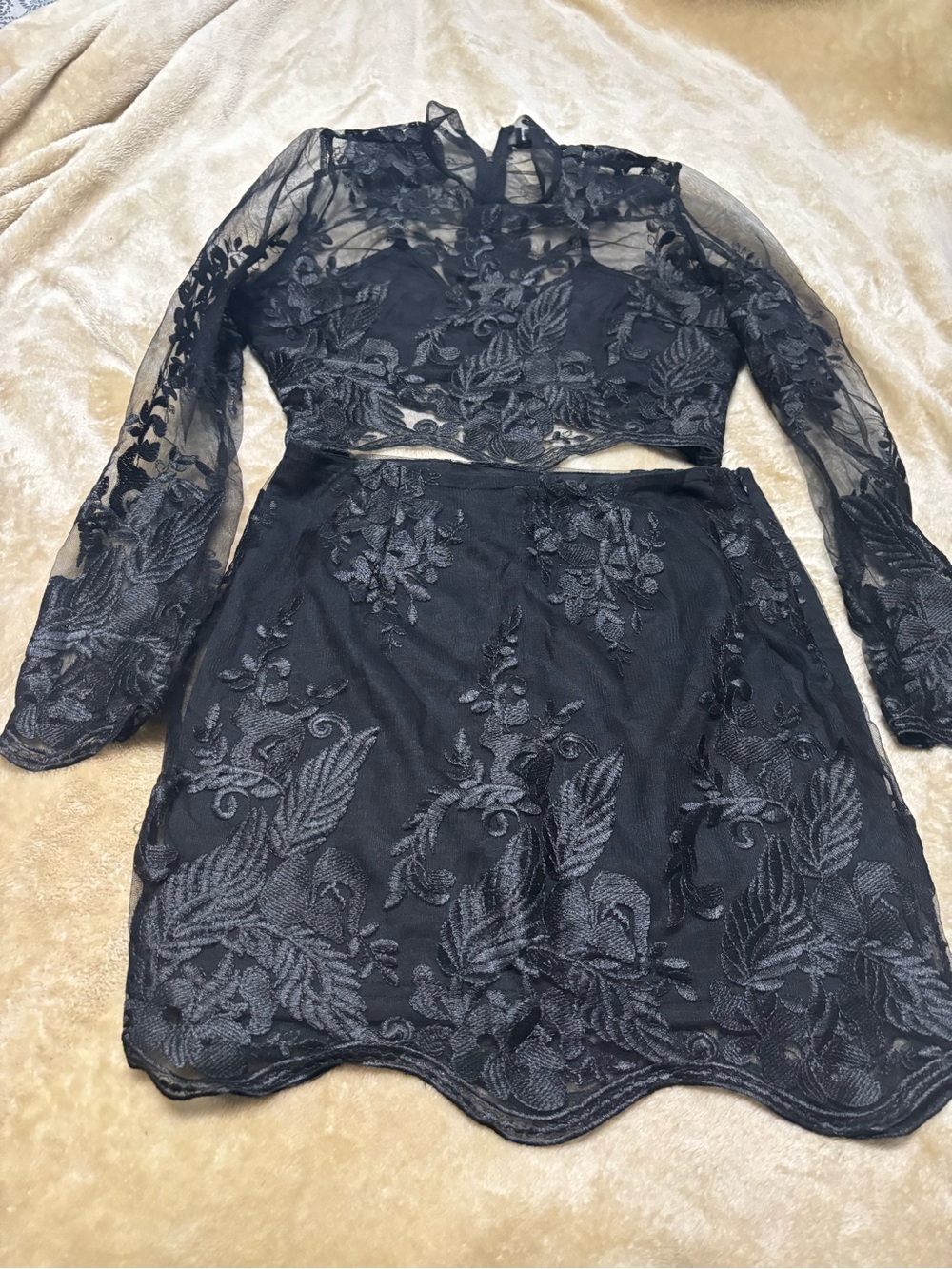 Fashion Nova Black Sheer Lace Two-Piece Long Sleeve Dress